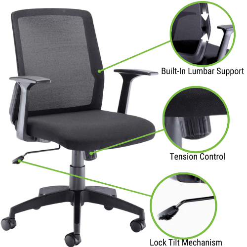 Denali Mid-Back Ergonomic Office Posture Chair - Lumbar Support - Black